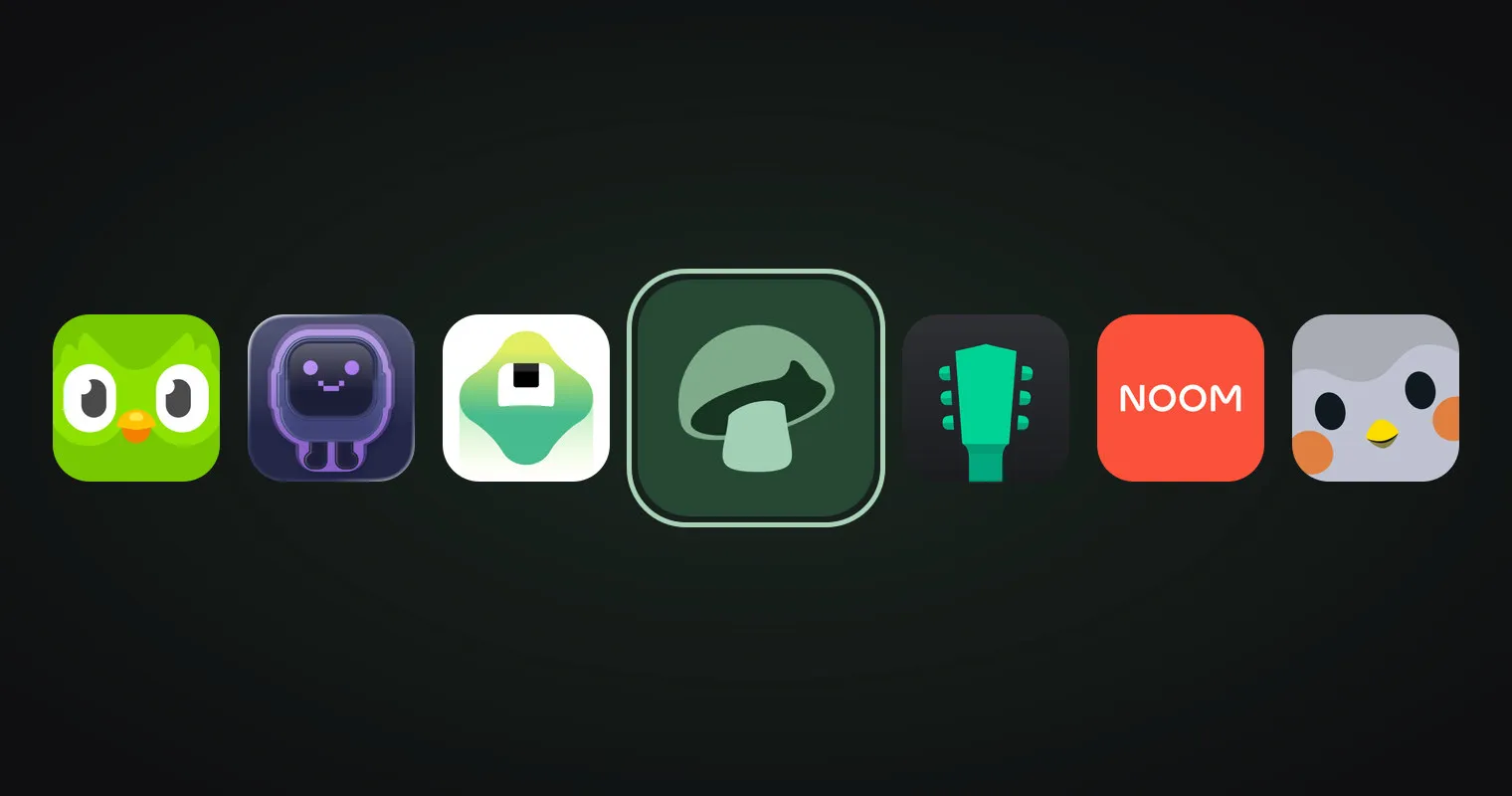 The app icons of Duolingo, Mimo, Brilliant, Yousician, Noom, and Finch in a row, with the Cooltivo logo highlighted in the center